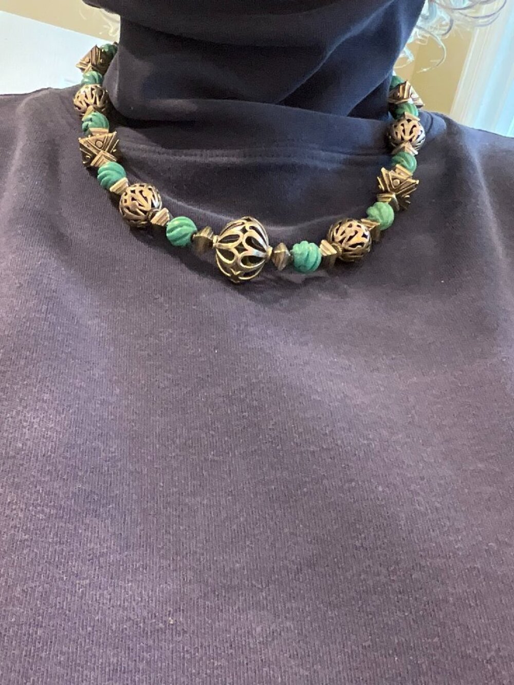 Vintage handmade carved turquoise beads and silver beads necklace & bracelet